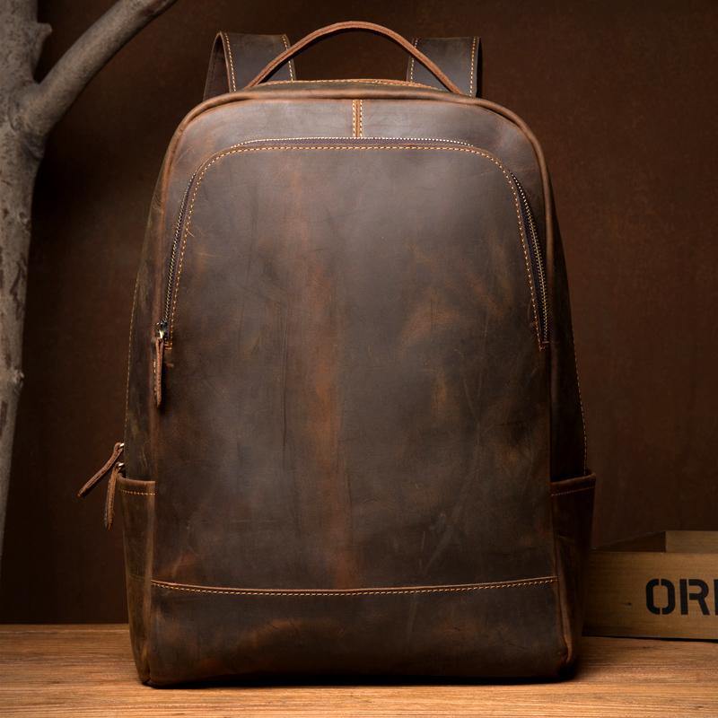 Brown Casual Mens Leather 16-inch Large Computer Backpack Travel Backpacks Laptop Backpack for men - iwalletsmen