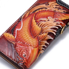 Handmade Leather Carp Mens Chain Zipper Biker Wallet Cool Leather Wallet Long Phone Wallets for Men