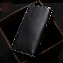 Handmade Leather Tooled Carp Mens Chain Biker Wallet Cool Leather Wallet Zipper Long Phone Wallets for Men