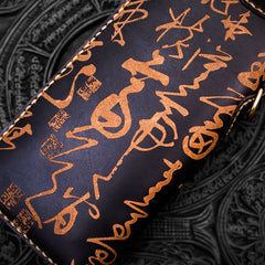 Handmade Leather Mens Chain Chinese Handwriting Biker Wallet Cool Leather Wallet Long Phone Wallets for Men