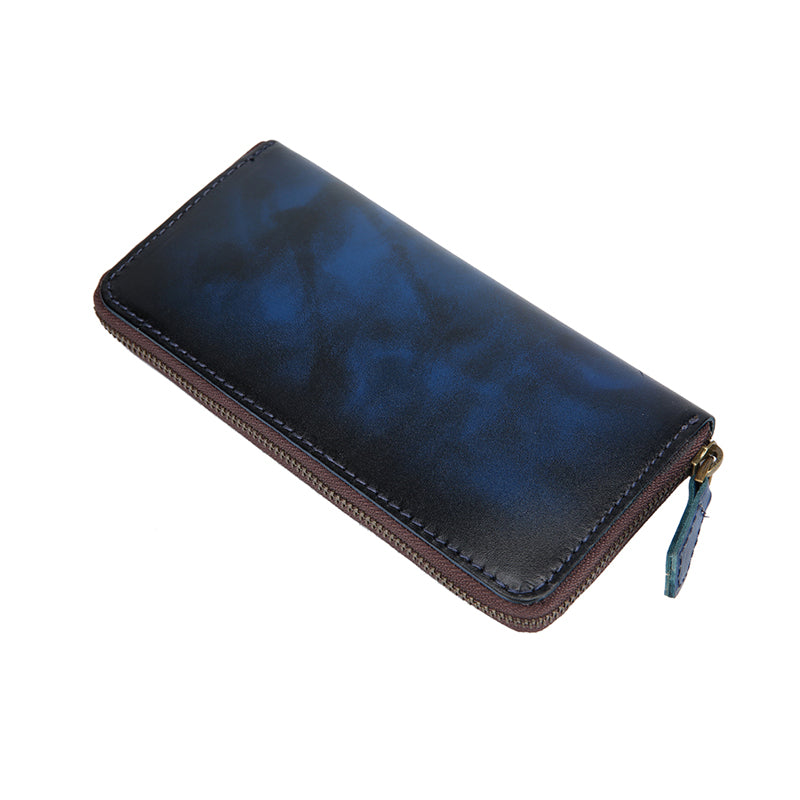 Cool Handmade Mens Brown Long Wallet Blue Bifold Card Wallet Zipper Clutch Wallet For Men - iwalletsmen