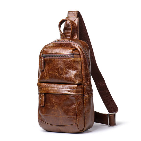 Cool Black Leather Men's Sling Bag Chest Bag Sling Crossbody Bag Brown One Shoulder Backpack For Men - iwalletsmen