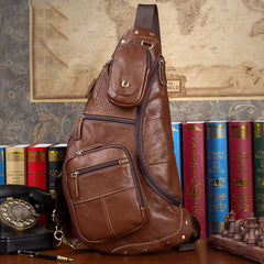 Brown Leather Mens Cool Large Sling Bags Light Brown Crossbody Pack Chest Bag for Men - iwalletsmen