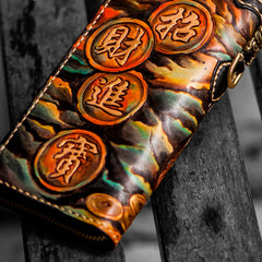 Handmade Leather Mens Tooled Monster Chain Biker Wallet Cool Leather Wallet Long Clutch Wallets for Men