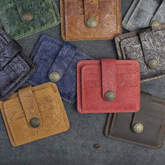 Handmade Leather Floral Mens Cool Front Pocket Wallet billfold Wallet Card Holder Small Card Slim Wallets for Men
