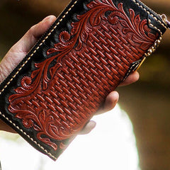 Handmade Leather Mens Tooled Eagle Chain Biker Wallet Cool Leather Wallet Long Clutch Wallets for Men