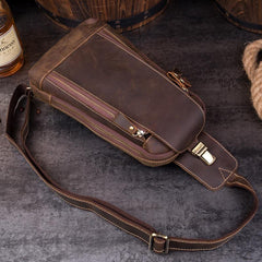 Cool Brown Leather Mens Sling Bag Sling Pack Crossbody Backpack Chest Bag for men - iwalletsmen
