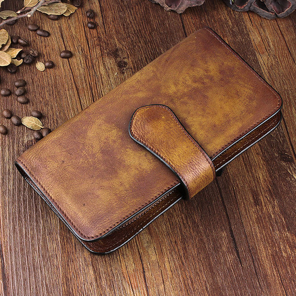 Cool Brown Leather Mens Long Wallet Buckled Long Wallet Trifold Gray Clutch Wallet for Men - iwalletsmen