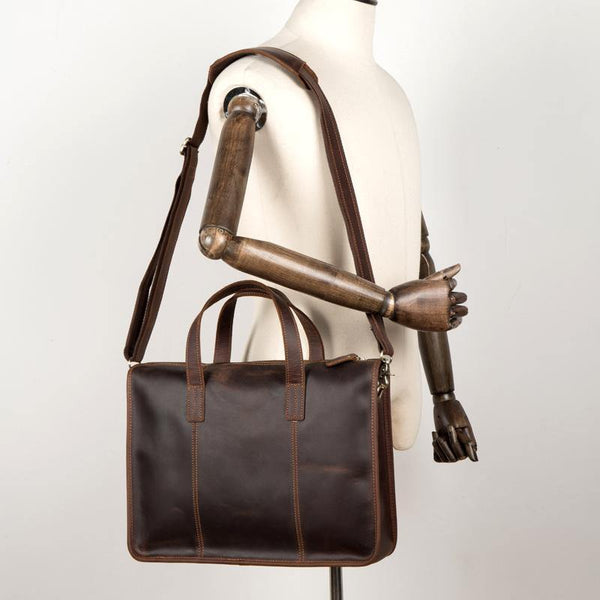 Vintage Dark Brown Leather Mens 12 inches Briefcase Laptop Side Bag Business Bags Work Bags for Men - iwalletsmen
