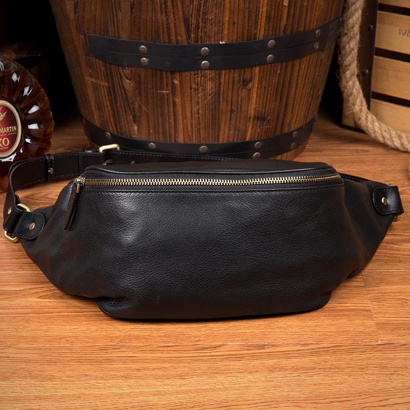 Black Leather Mens Fanny Pack Waist Bag Hip Pack Blue Belt Bag Bumbags for Men - iwalletsmen