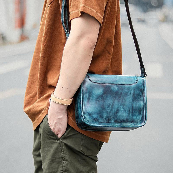 Casual Small Leather Mens Blue Side Bag Postman Bag Blue Messenger Bag For Men - iwalletsmen