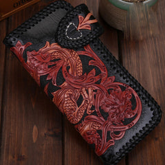 Handmade Mens Cool Tooled Chinese Dragon Leather Chain Wallet Biker Trucker Wallet with Chain