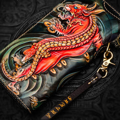 Handmade Leather Chinese Monster Mens Chain Biker Wallet Cool Leather Wallet With Chain Wallets for Men