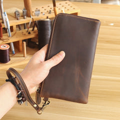 Vintage Dark Brown Leather Mens Phone Wallet Clutch Bag Wristlet Bag Zipper Long Wallet For Men - iwalletsmen