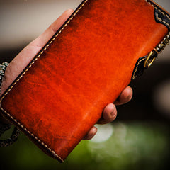 Handmade Leather Mens Chain Biker Wallet Cool Leather Wallet Long Clutch Wallets for Men