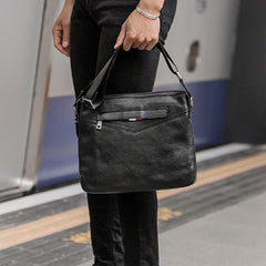 Black Cool Leather Mens 10 inches Side Bag Messenger Bags Black Postman Bags Courier Bag for Men - iwalletsmen