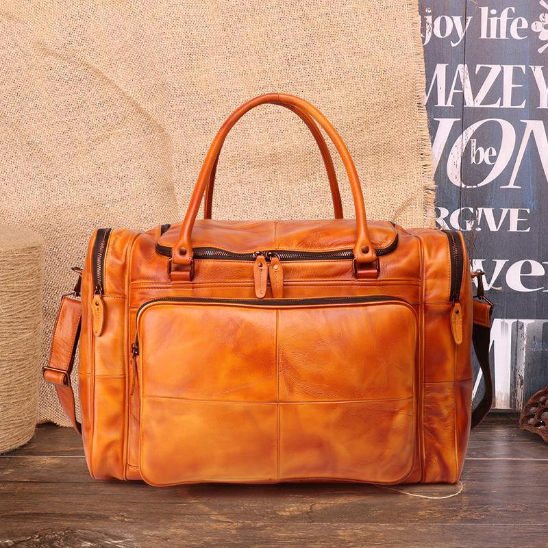 Cool Brown Leather Mens 15" Large Weekender Bag Black Business Travel Bag Tan Duffle Bag for Men - iwalletsmen