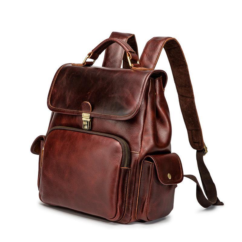 Cool Dark Brown Mens Leather College Backpack Laptop Backpack Red Brown Travel Backpack for Men - iwalletsmen