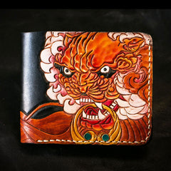 Handmade Leather Chinese Lion Tooled Mens billfold Wallet Cool Leather Wallet Slim Wallet for Men
