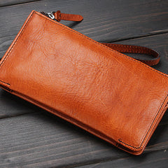 Handmade Leather Mens Cool Long Leather Wallet Zipper Clutch Wristlet Wallet for Men