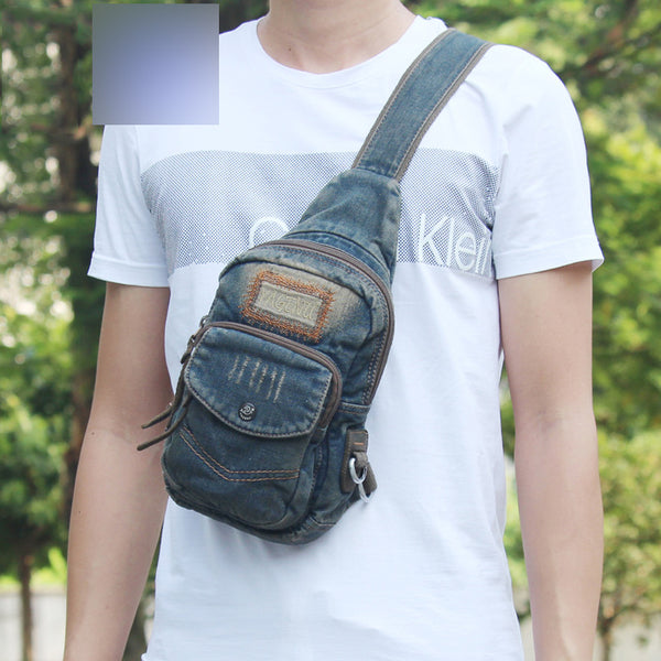 Fashion Denim Blue Mens Sling Bag Chest Bags Blue Denim One Shoulder Backpacks Sling Pack For Men - iwalletsmen
