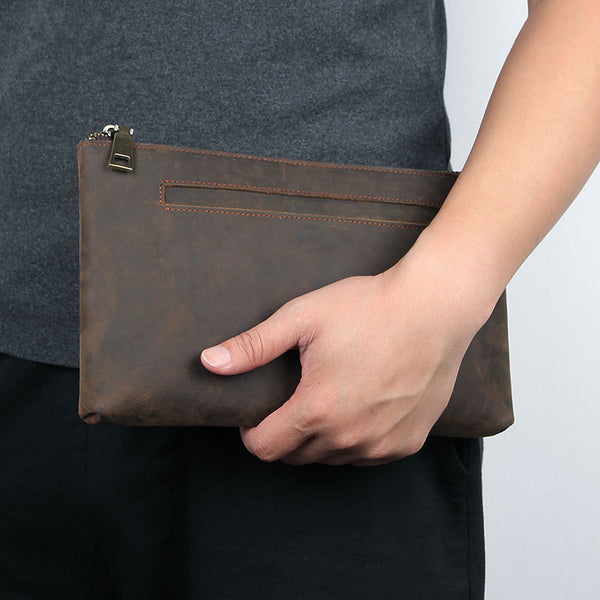 Dark Brown Leather Mens Large Business Wristlet Wallet Bag Zipper Clutch Wallet For Men - iwalletsmen