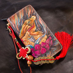Handmade Leather Tooled Golden Toad Mens Chain Biker Wallet Cool Leather Wallet Long Phone Wallets for Men