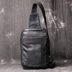 Black Leather Sling Backpack Sling Bag Chest Bag One shoulder Backpack Black Sling Pack For Men - iwalletsmen