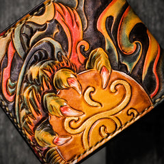 Handmade Leather Chinese Lion Tooled Mens billfold Wallet Cool Leather Wallet Slim Wallet for Men
