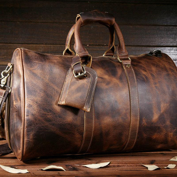 Vintage Leather Mens Large Weekender Bag Travel Bag Duffle Bag - iwalletsmen