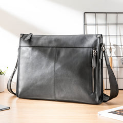Fashion Black Leather Mens 12 inches Side Bag Messenger Bags Black Postman Bag Courier Bag for Men - iwalletsmen