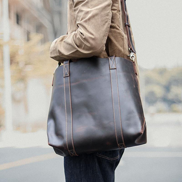 Dark Brown Vintage Leather Men Large Tote Bag Courier Tote Messenger Bag Tote For Men - iwalletsmen