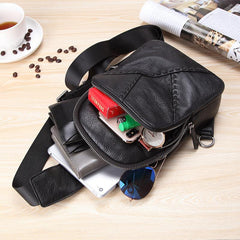Black Leather Men's 8-inch One shoulder Backpack Sling Bag Black Chest Bag Sports Bag For Men - iwalletsmen