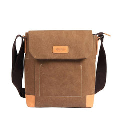 Canvas Leather Mens Vertical Side Bag Small Messenger Bags Khaki Canvas Courier Bags for Men - iwalletsmen
