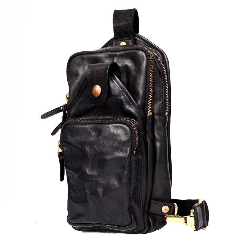 Fashion Black Leather Mens Sling Bag Chest Bag Sling Pack Tan One Shoulder Backpack For Men - iwalletsmen