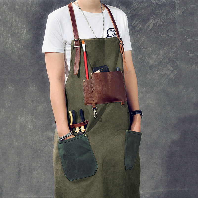 Canvas Leather Mens Womens Blue Craftsman Apron Cafe Staff Apron Work Apron for Men - iwalletsmen