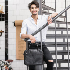 Black Leather Mens 12 inches Briefcase Work Bag Black Laptop Handbag Business Briefcase Shoulder Handbag for Men - iwalletsmen