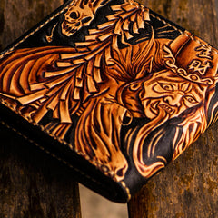 Handmade Leather Chinese Black&White Tooled Mens billfold Wallet Cool Leather Wallet Slim Wallet for Men