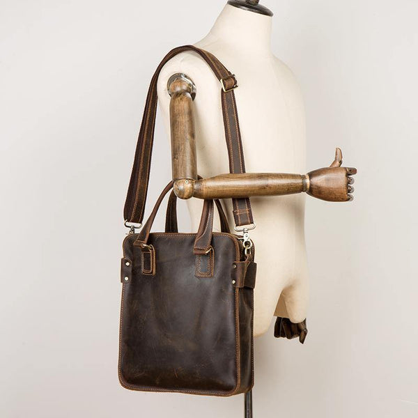 Vintage Dark Brown Leather 12 inches Veritcal Briefcase Work Bag Messenger Bags Handbag for Men - iwalletsmen