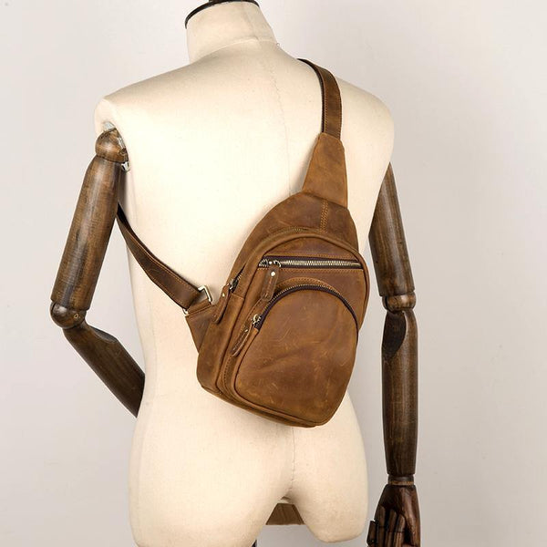Cool Brown Leather Mens One Shoulder Backpack Sling Bags Crossbody Pack Chest Bag for men - iwalletsmen