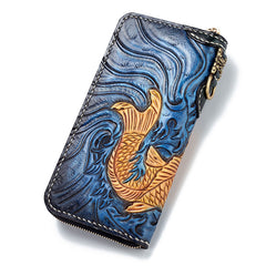 Handmade Leather Carp Mens Chain Biker Wallet Cool Leather Wallet Long Phone Wallets for Men