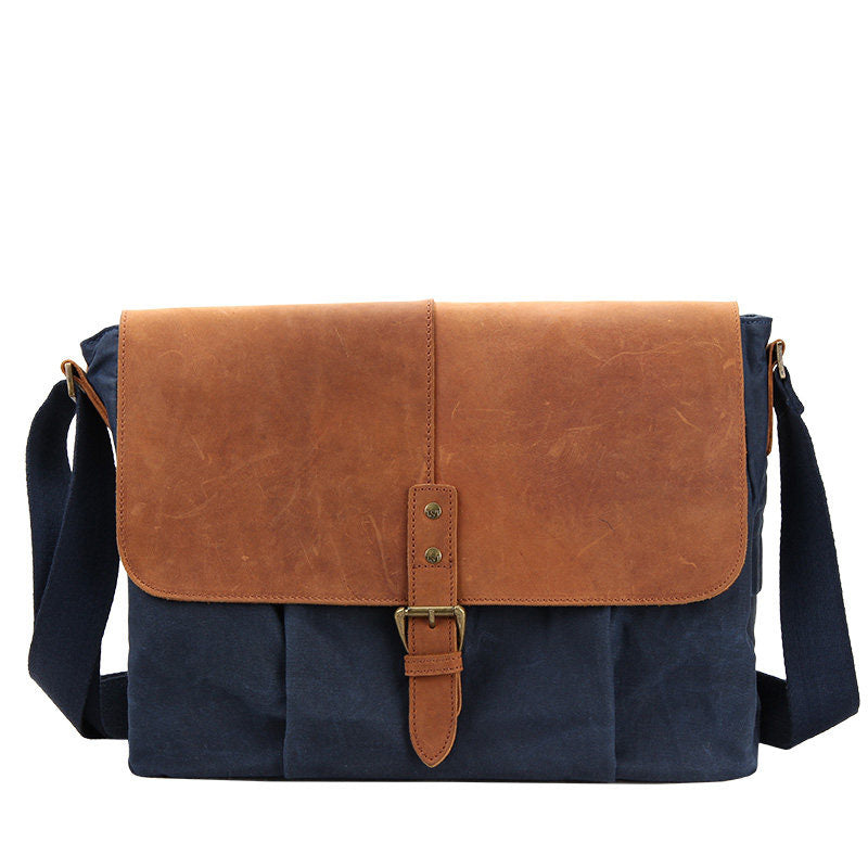 Navy Blue Leather Waxed Canvas Mens Side Bag Messenger Bags Gray Casual Courier Bags for Men - iwalletsmen