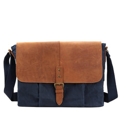 Navy Blue Leather Waxed Canvas Mens Side Bag Messenger Bags Gray Casual Courier Bags for Men - iwalletsmen