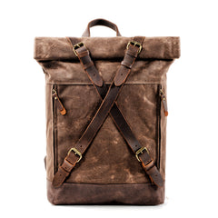 Cool Waxed Canvas Leather Mens 15.6‘’ Black Hiking Backpack Green Travel Backpack for Men - iwalletsmen