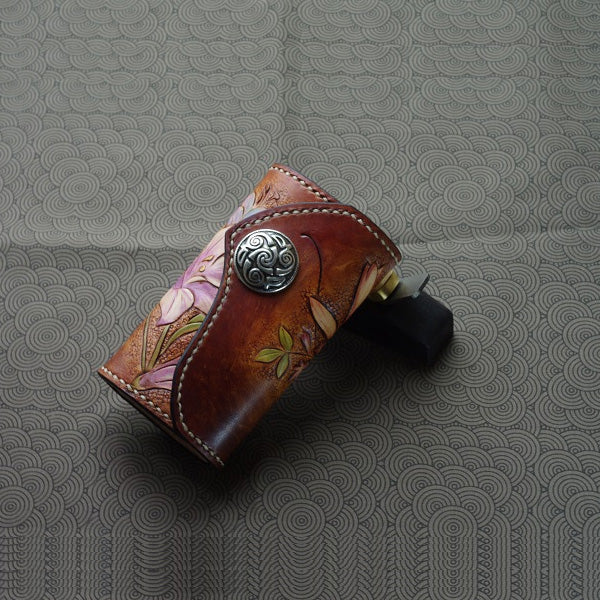 Handmade Leather Tooled Lily Flower Biker Mens Cool Car Key Wallet KeyChain for Men