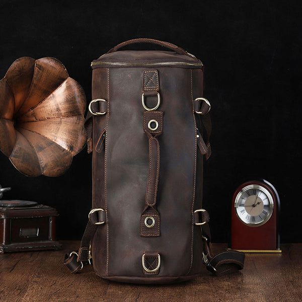 Cool Mens Leather Barrel Backpack Overnight Bag Travel Backpack Weekender Bag for men - iwalletsmen