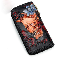 Handmade Leather Tooled Carp Prajna Mens Chain Biker Wallet Cool Leather Wallet Zipper Long Phone Wallets for Men