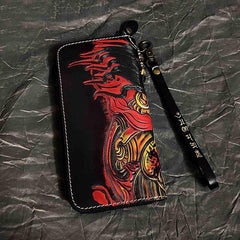 Badass Handmade Black Leather Men's Biker Long Wallet Mahākāla Tooled Zipper Long Chain Wallets For Men - iwalletsmen