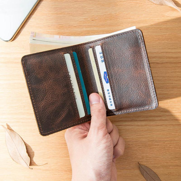 Dark Brown Leather Mens Small Wallets Bifold Vintage billfold Wallet Front Pocket Wallet for Men - iwalletsmen