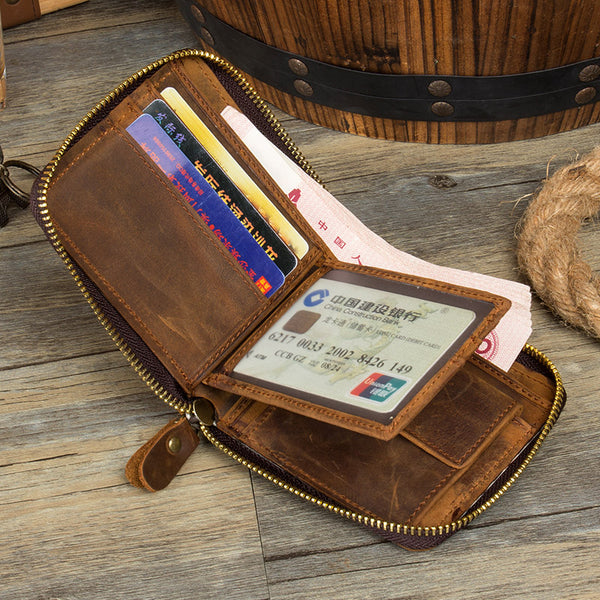 Brown Cool Leather Mens billfold Wallet Zipper Trifold Card Small Wallet for Men - iwalletsmen
